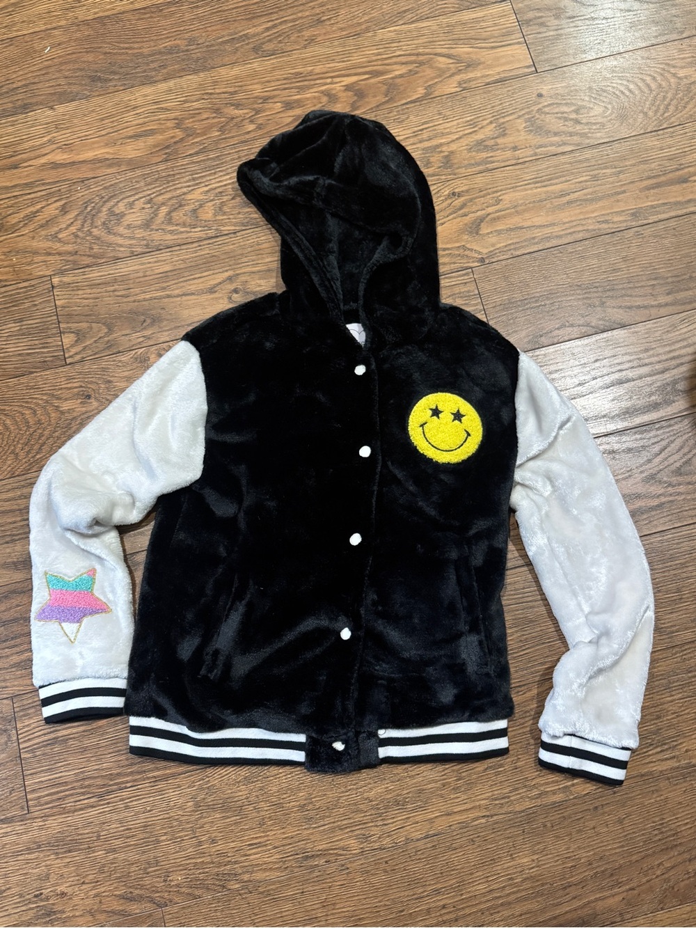 btween Black Plush Hooded Bomber with Yellow Smiley Patch